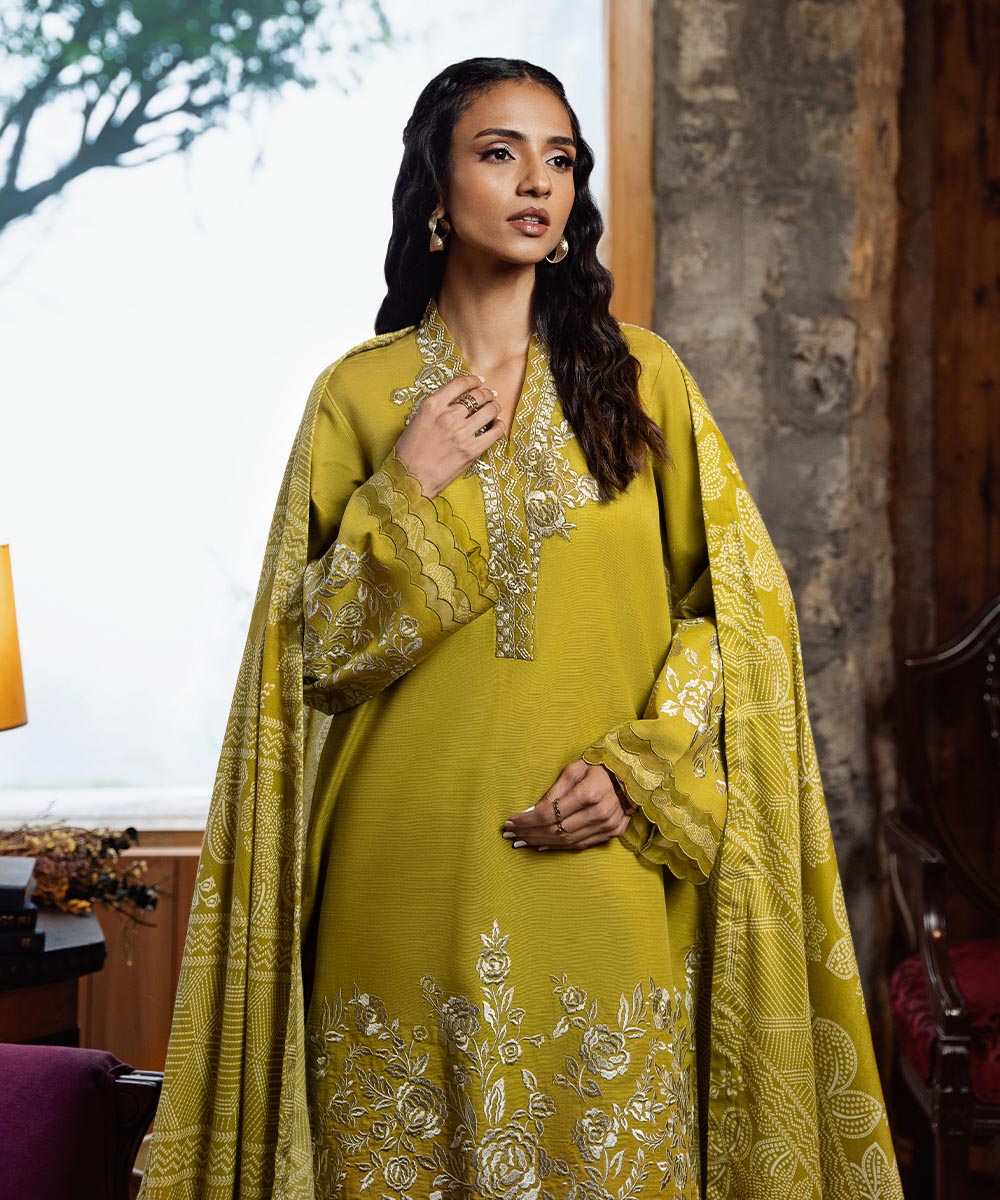 Women's Unstitched Light Khaddar Yellow Embroidered 3 Piece Suit