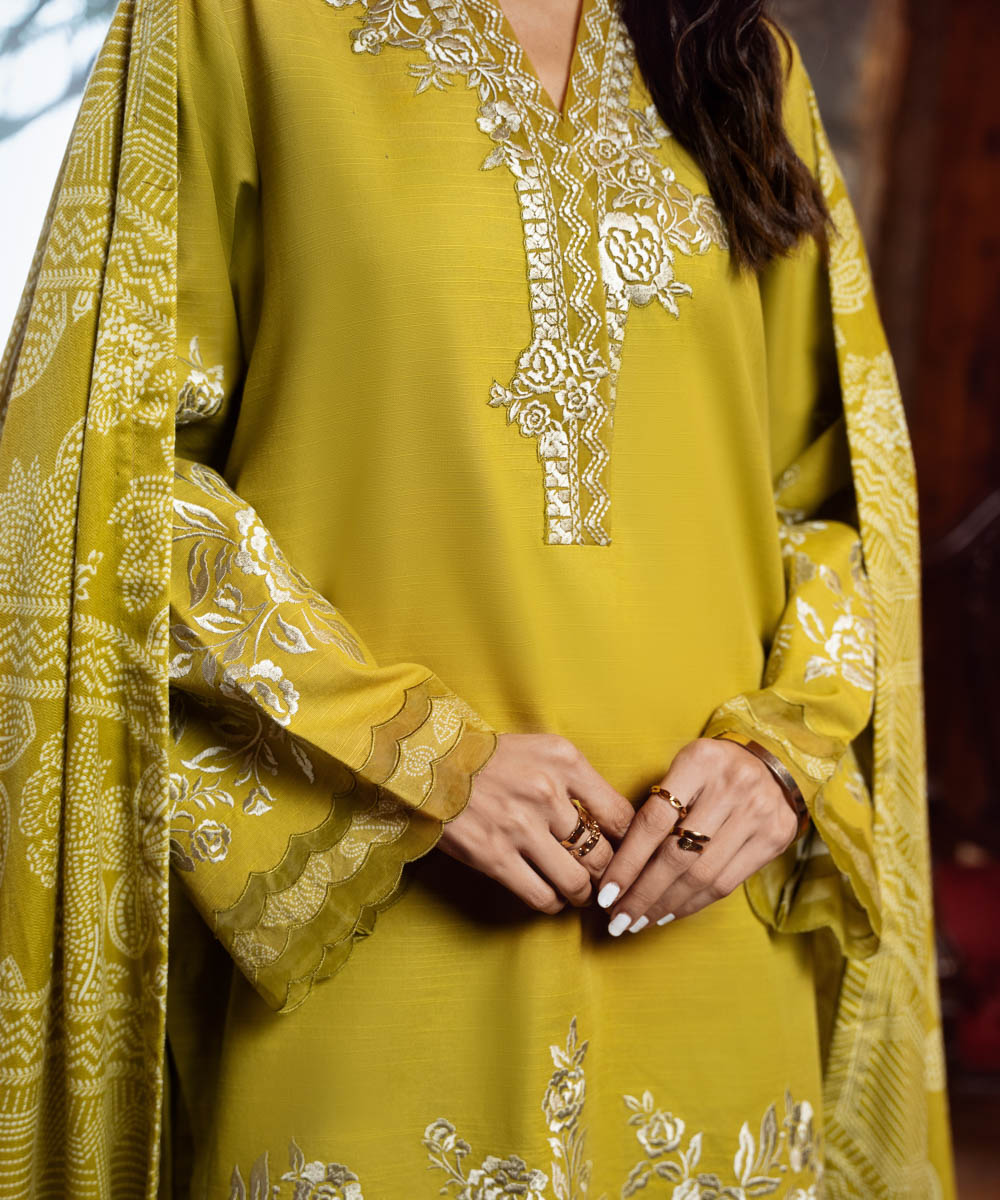 Women's Unstitched Light Khaddar Yellow Embroidered 3 Piece Suit