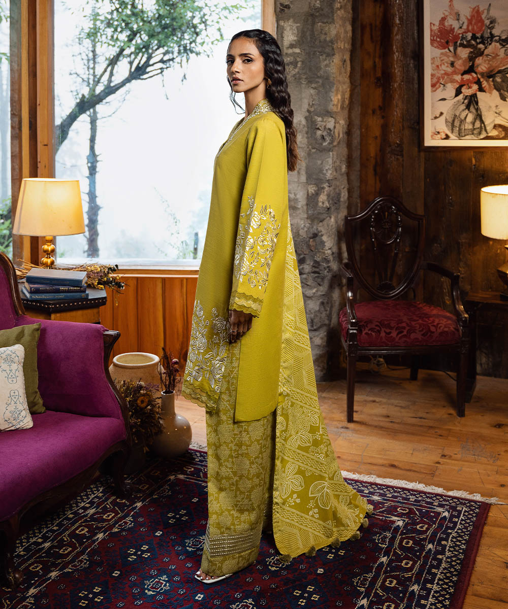 Women's Unstitched Light Khaddar Yellow Embroidered 3 Piece Suit