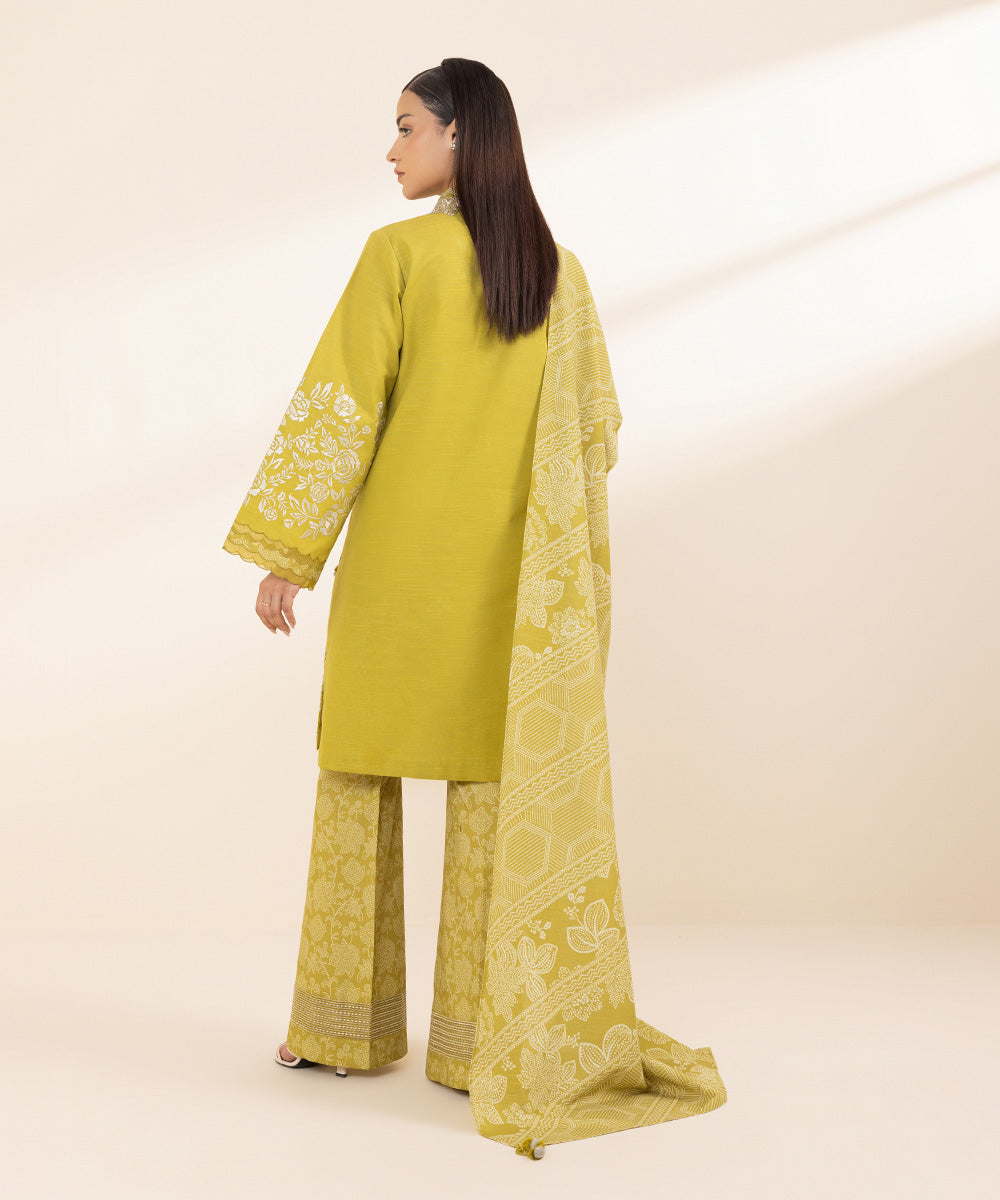 Women's Unstitched Light Khaddar Yellow Embroidered 3 Piece Suit