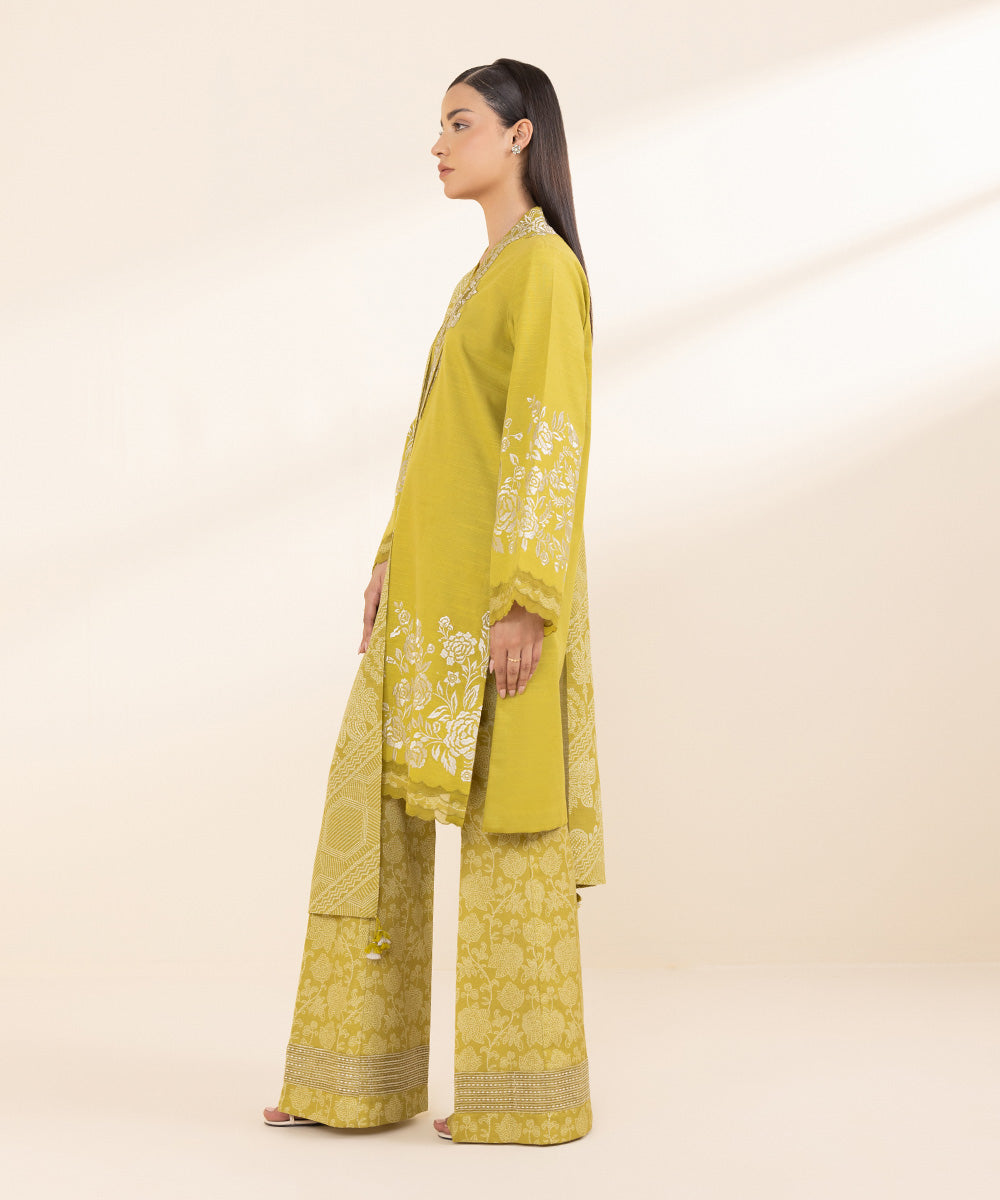 Women's Unstitched Light Khaddar Yellow Embroidered 3 Piece Suit