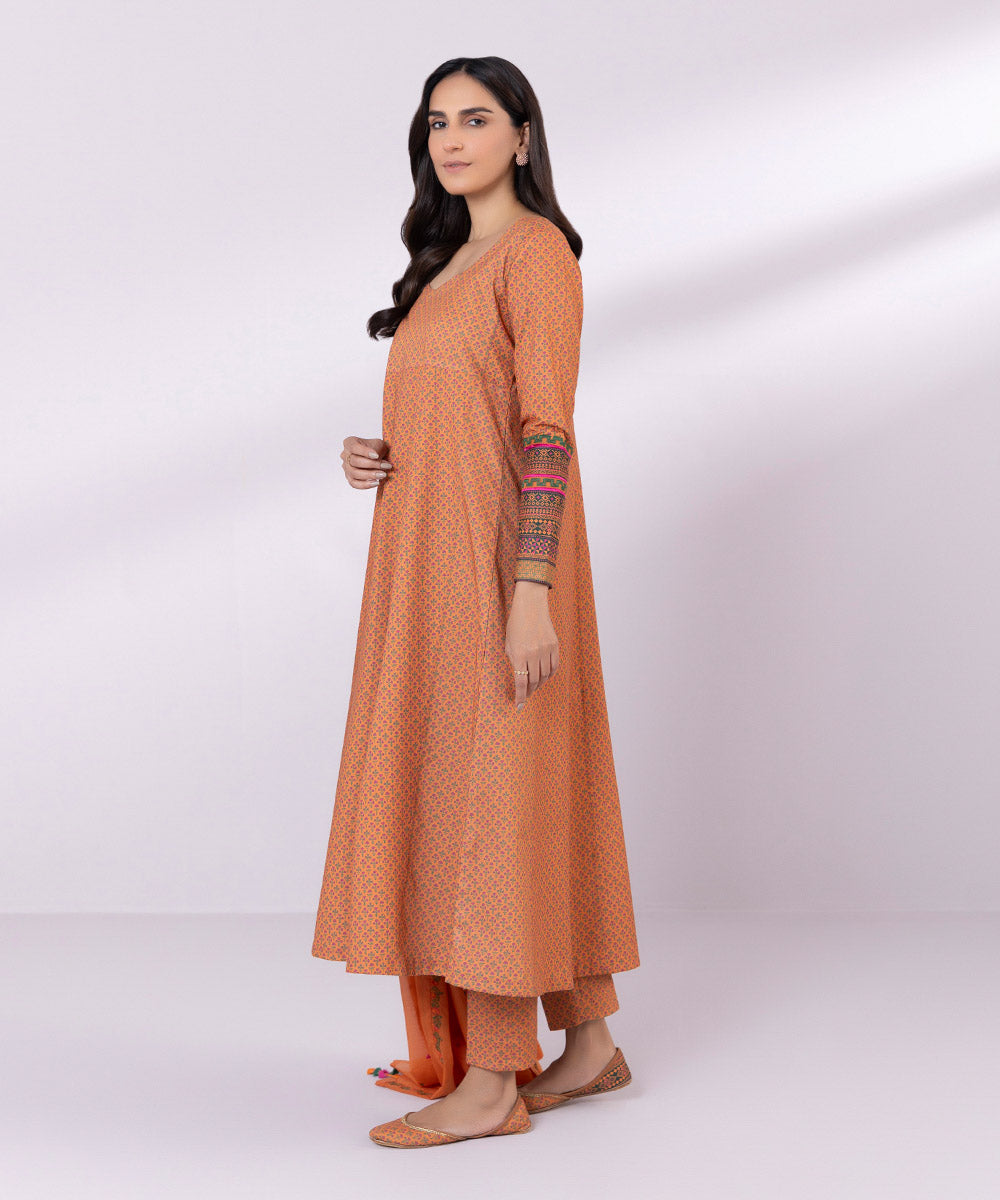 Women's Unstitched Lawn Embroidered Rust 3 Piece Suit