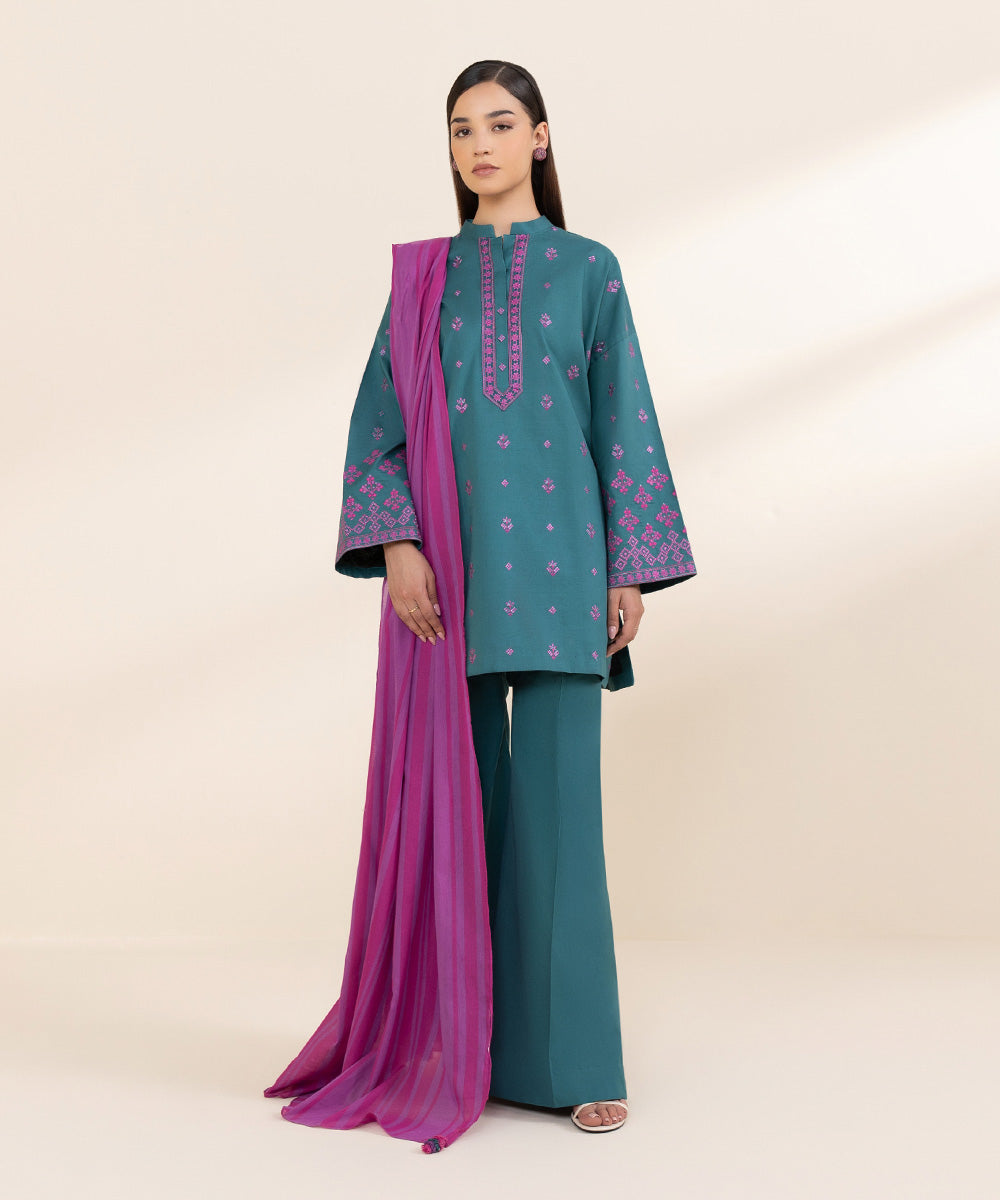 Women's Unstitched Textured Cotton Blue Embroidered 3 Piece Suit