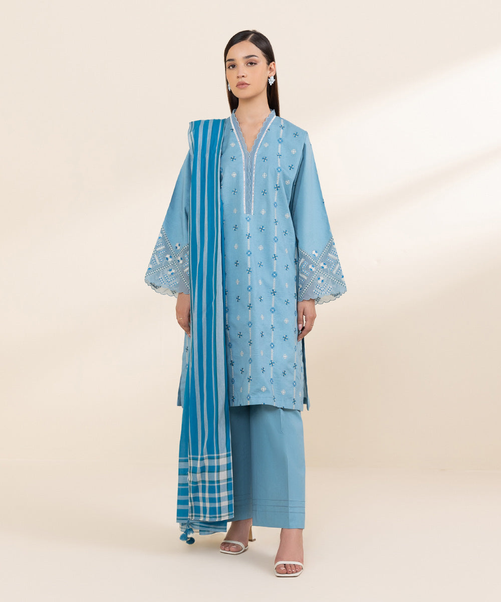 Women's Unstitched Textured Cotton Blue Embroidered 3 Piece Suit