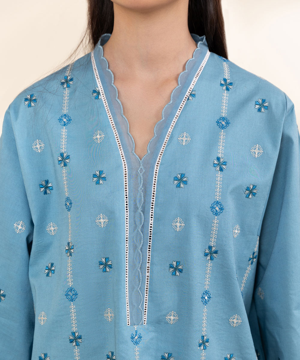 Women's Unstitched Textured Cotton Blue Embroidered 3 Piece Suit