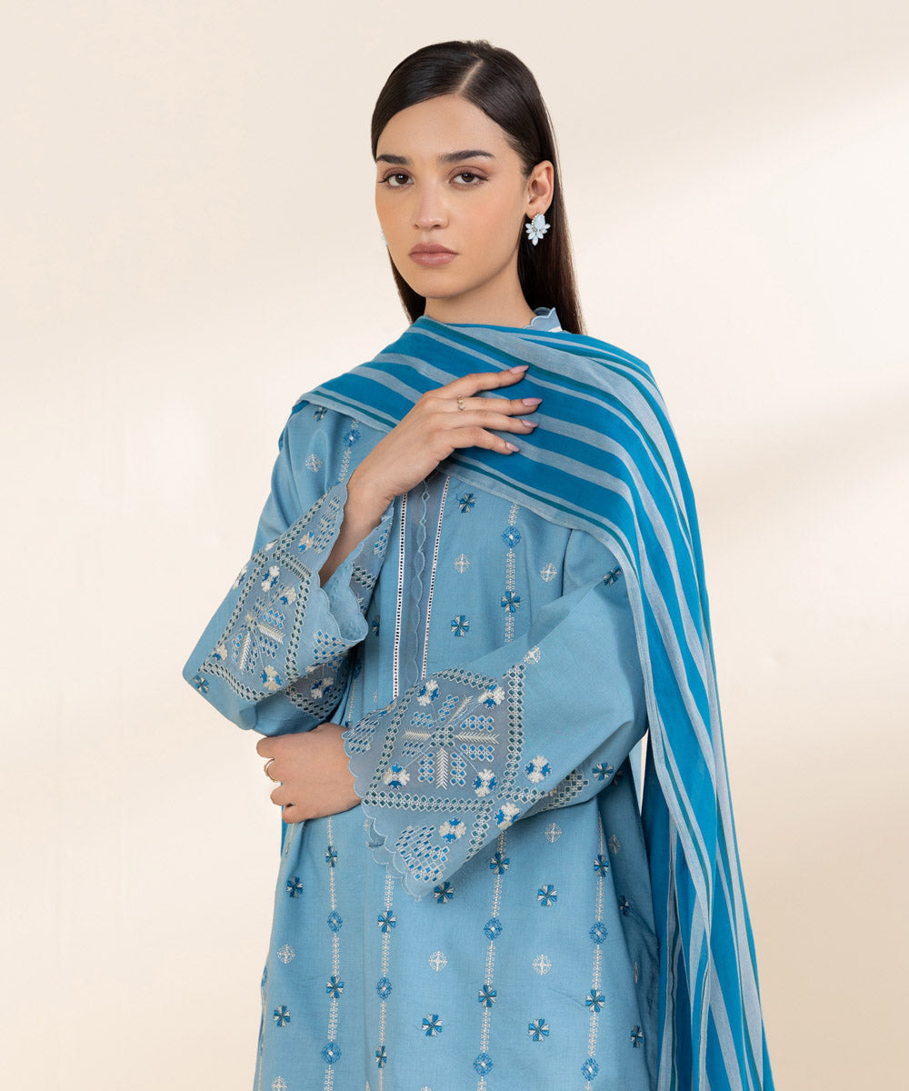 Women's Unstitched Textured Cotton Blue Embroidered 3 Piece Suit