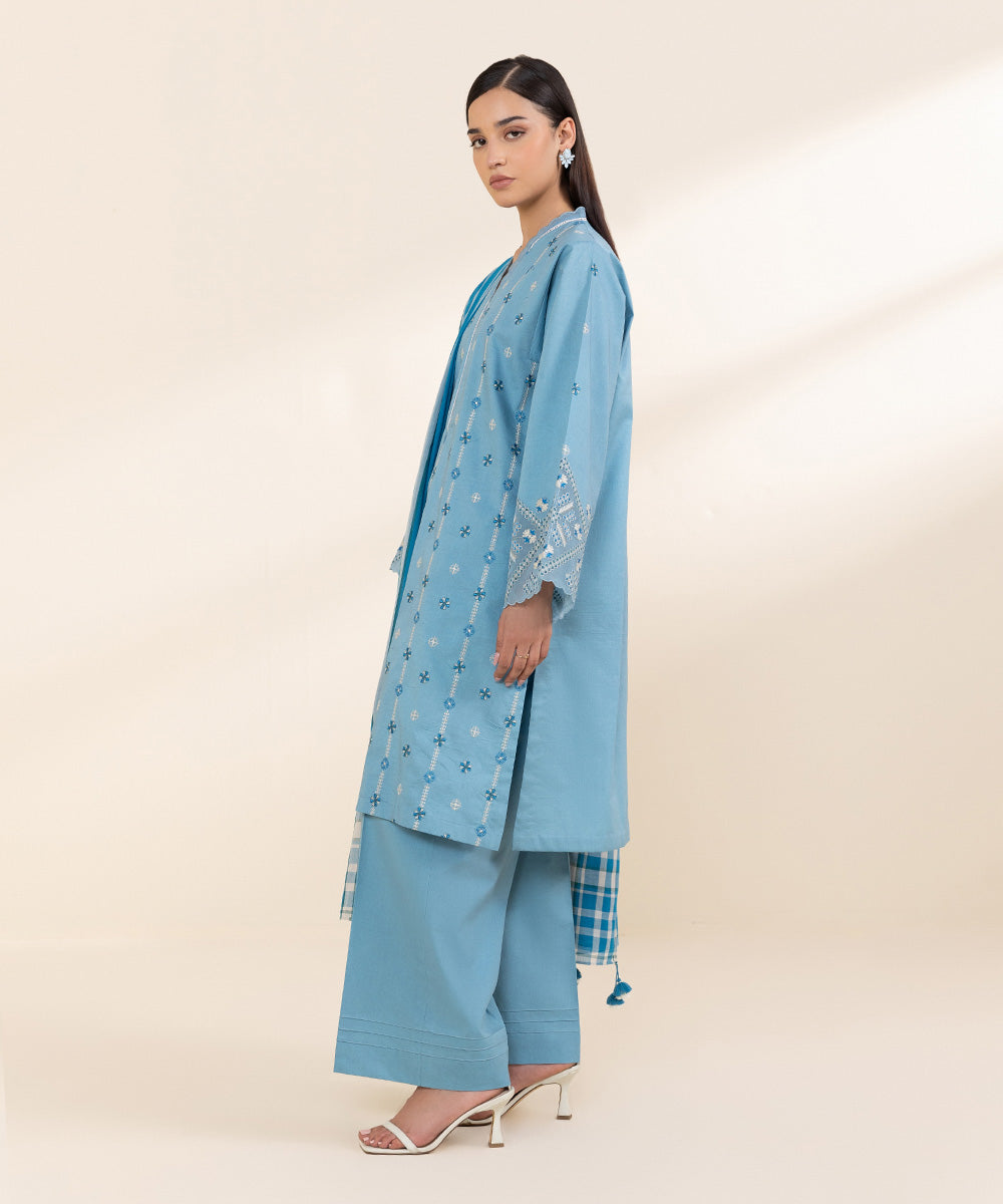 Women's Unstitched Textured Cotton Blue Embroidered 3 Piece Suit