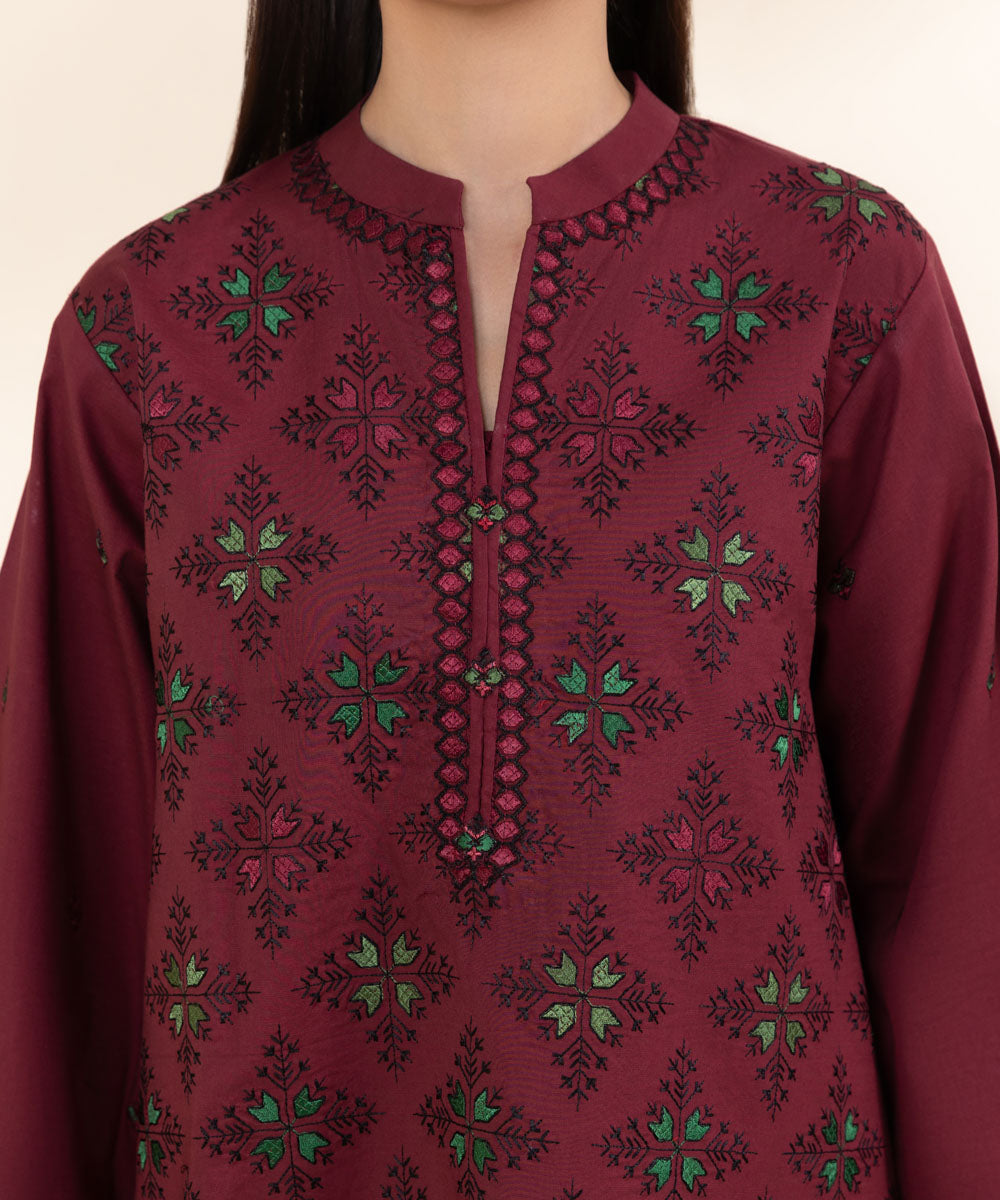 Women's Unstitched Textured Cotton Red Embroidered 3 Piece Suit