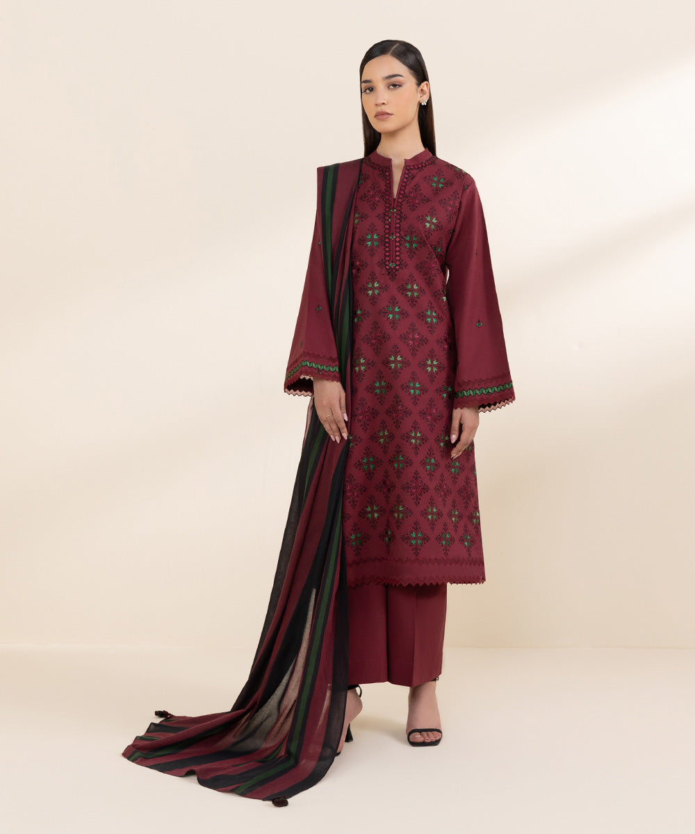 Women's Unstitched Textured Cotton Red Embroidered 3 Piece Suit