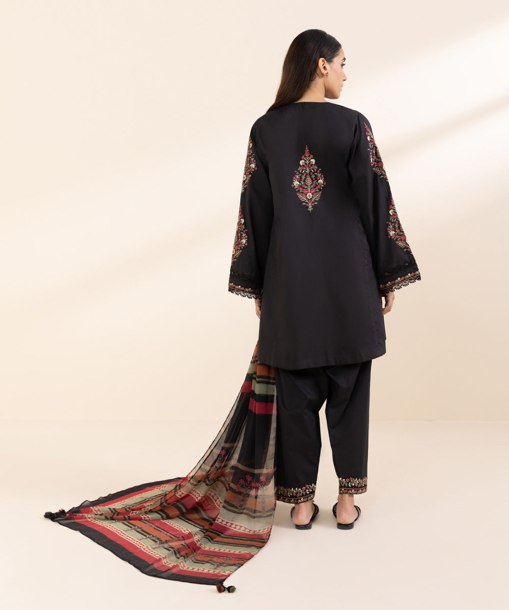 Women's Unstitched Lawn Black Embroidered 3 Piece Suit