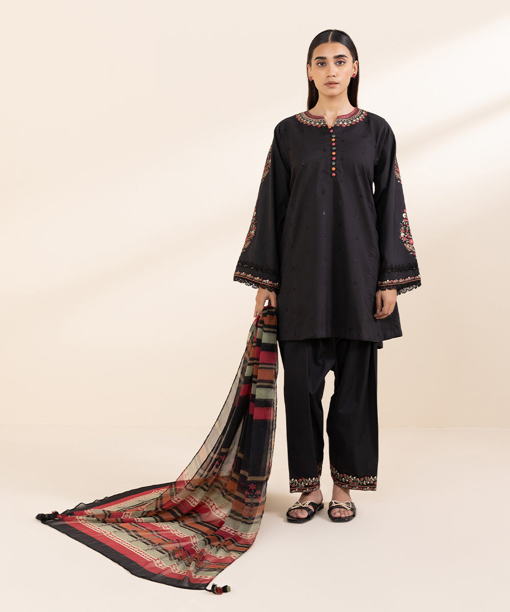 Women's Unstitched Lawn Black Embroidered 3 Piece Suit