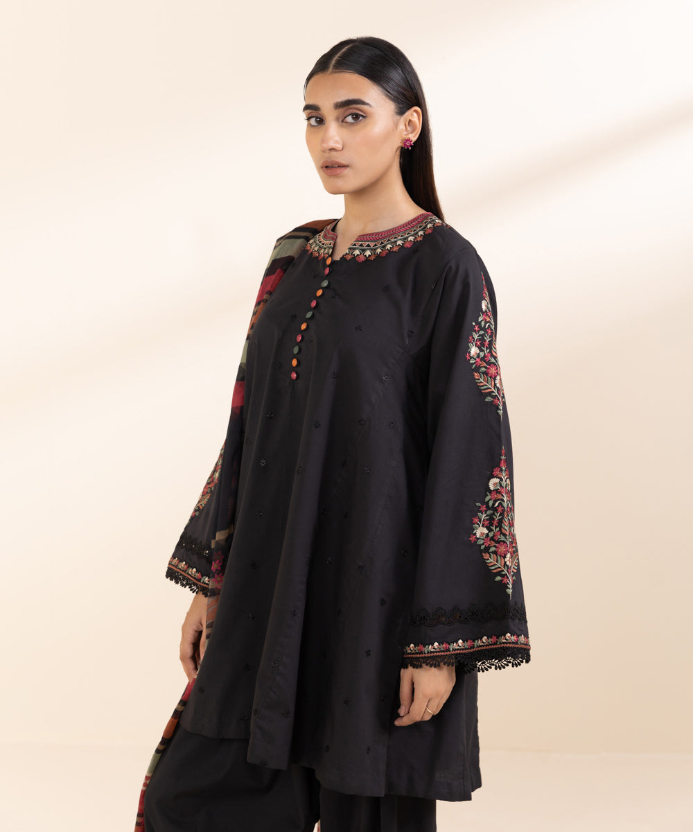 Women's Unstitched Lawn Black Embroidered 3 Piece Suit