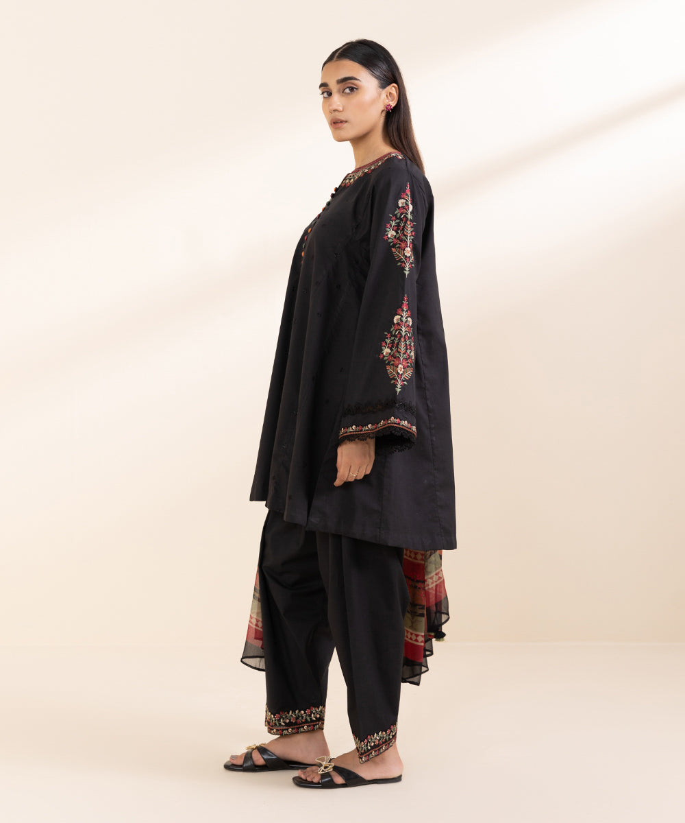 Women's Unstitched Lawn Black Embroidered 3 Piece Suit