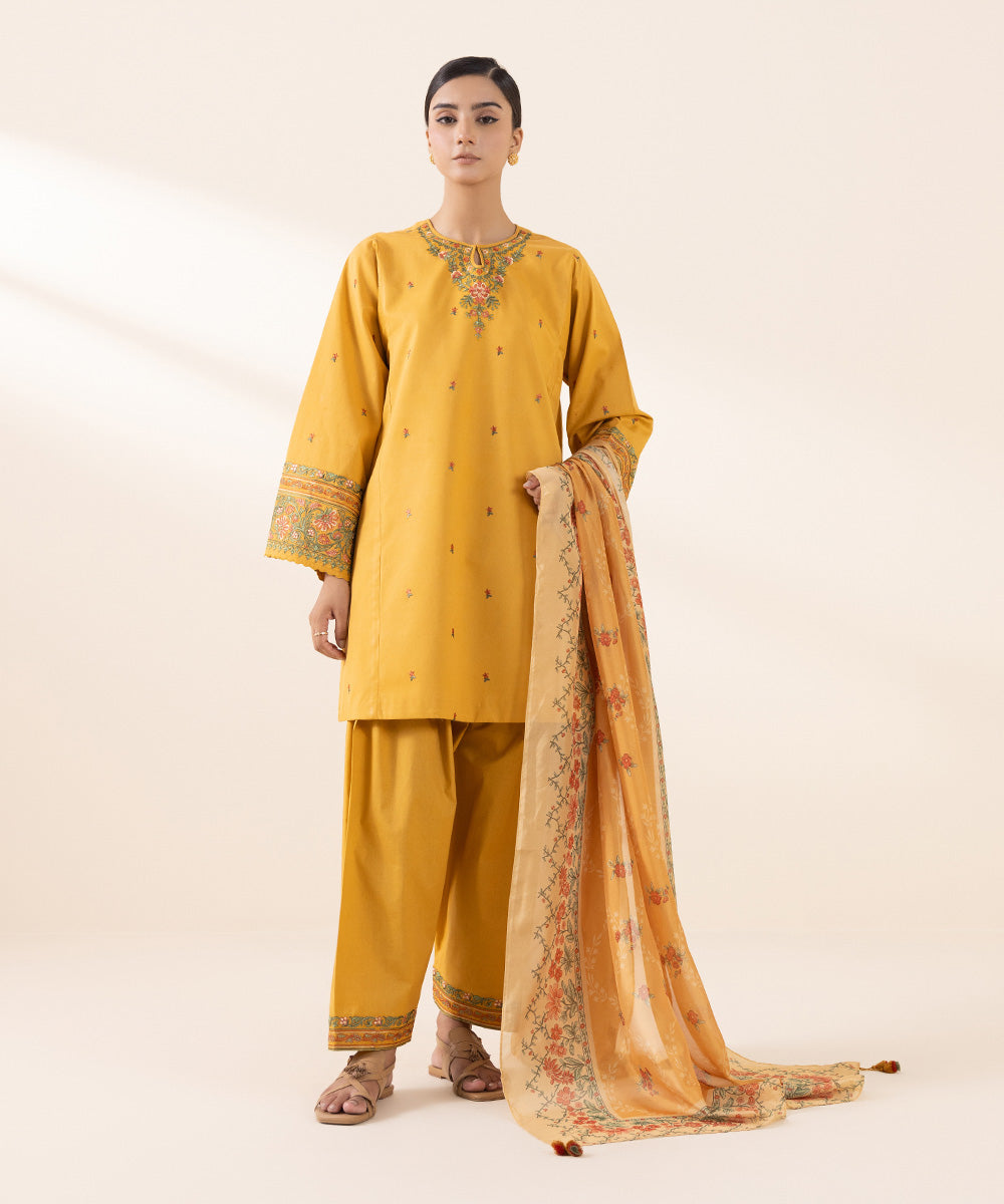 Women's Unstitched Lawn Yellow Embroidered 3 Piece Suit