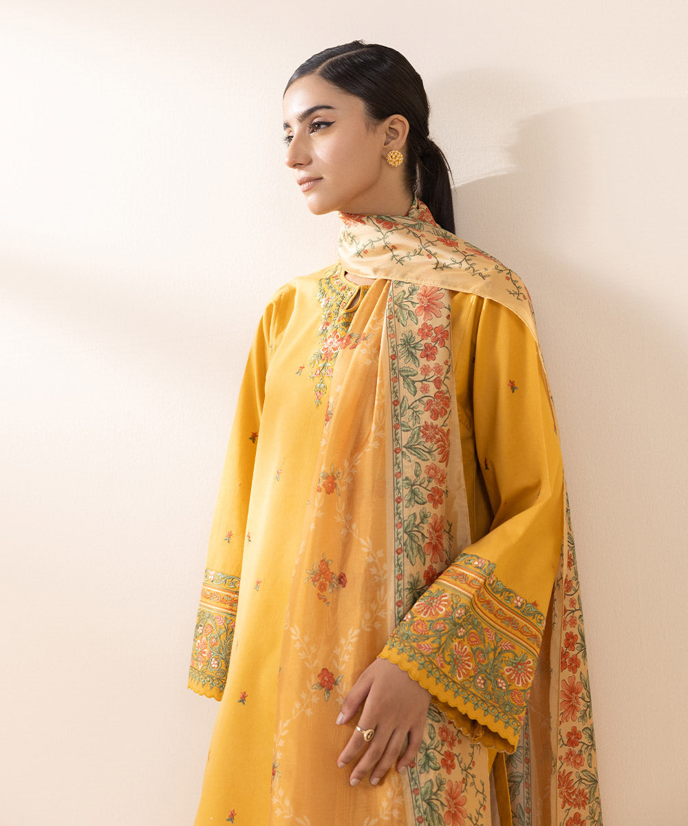 Women's Unstitched Lawn Yellow Embroidered 3 Piece Suit