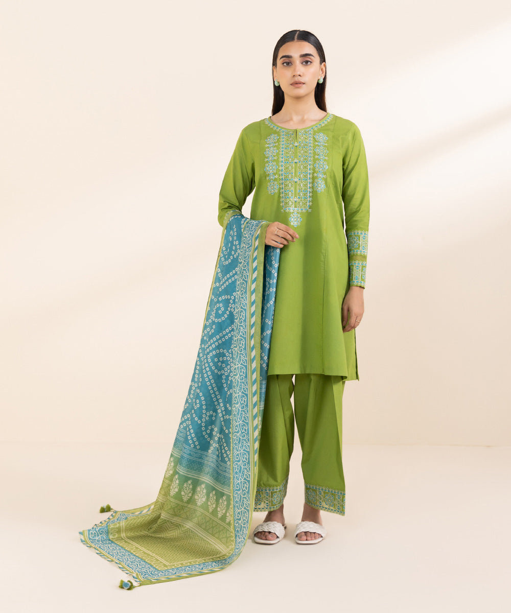 Women's Unstitched Lawn Green Embroidered 3 Piece Suit