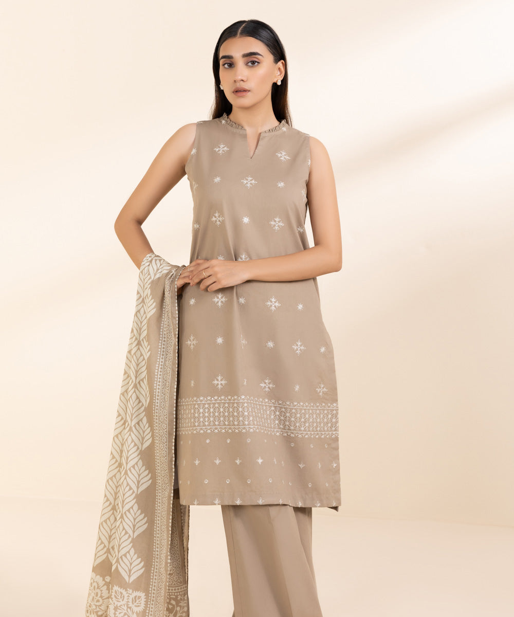 Women's Unstitched Cambric Brown Embroidered 3 Piece Suit