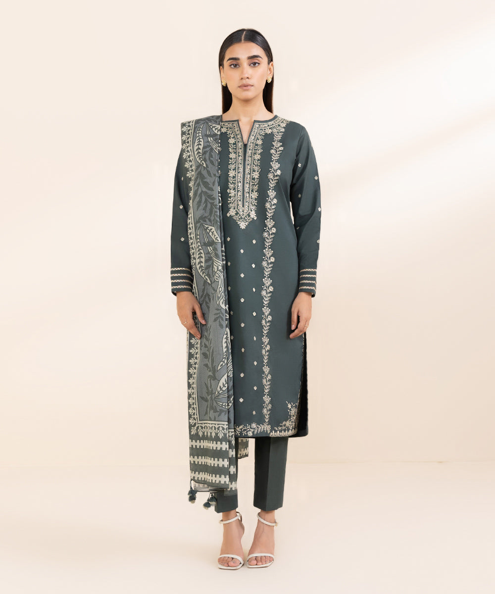 Women's Unstitched Cambric Green Embroidered 3 Piece Suit