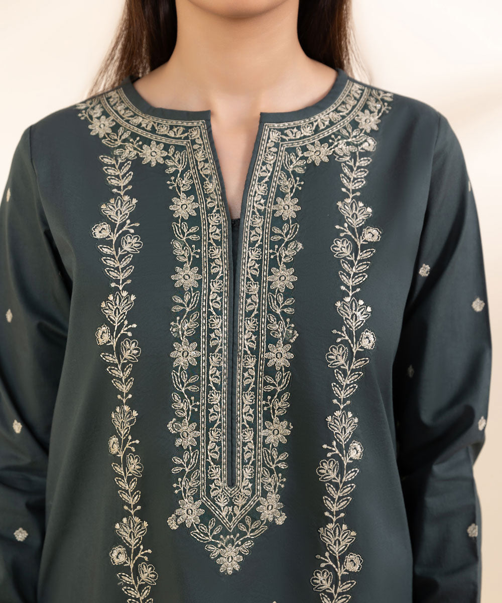 Women's Unstitched Cambric Green Embroidered 3 Piece Suit