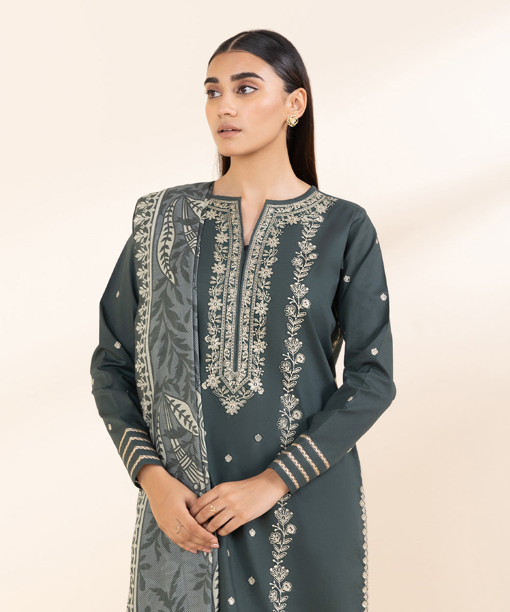 Women's Unstitched Cambric Green Embroidered 3 Piece Suit