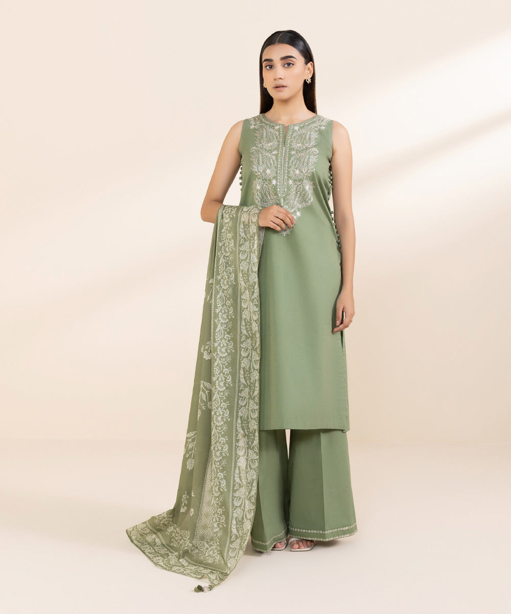 Women's Unstitched Cambric Green Embroidered 3 Piece Suit