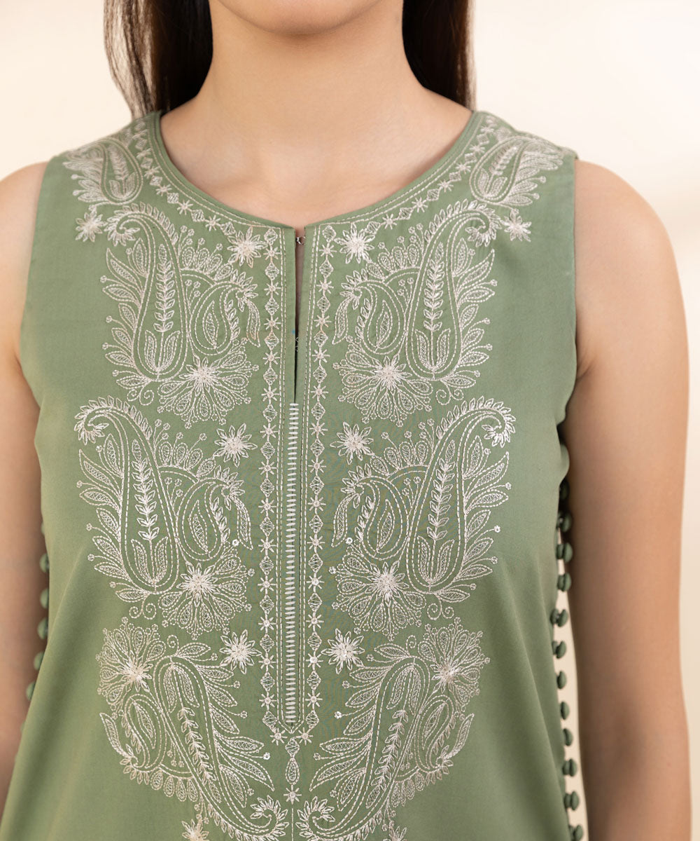 Women's Unstitched Cambric Green Embroidered 3 Piece Suit