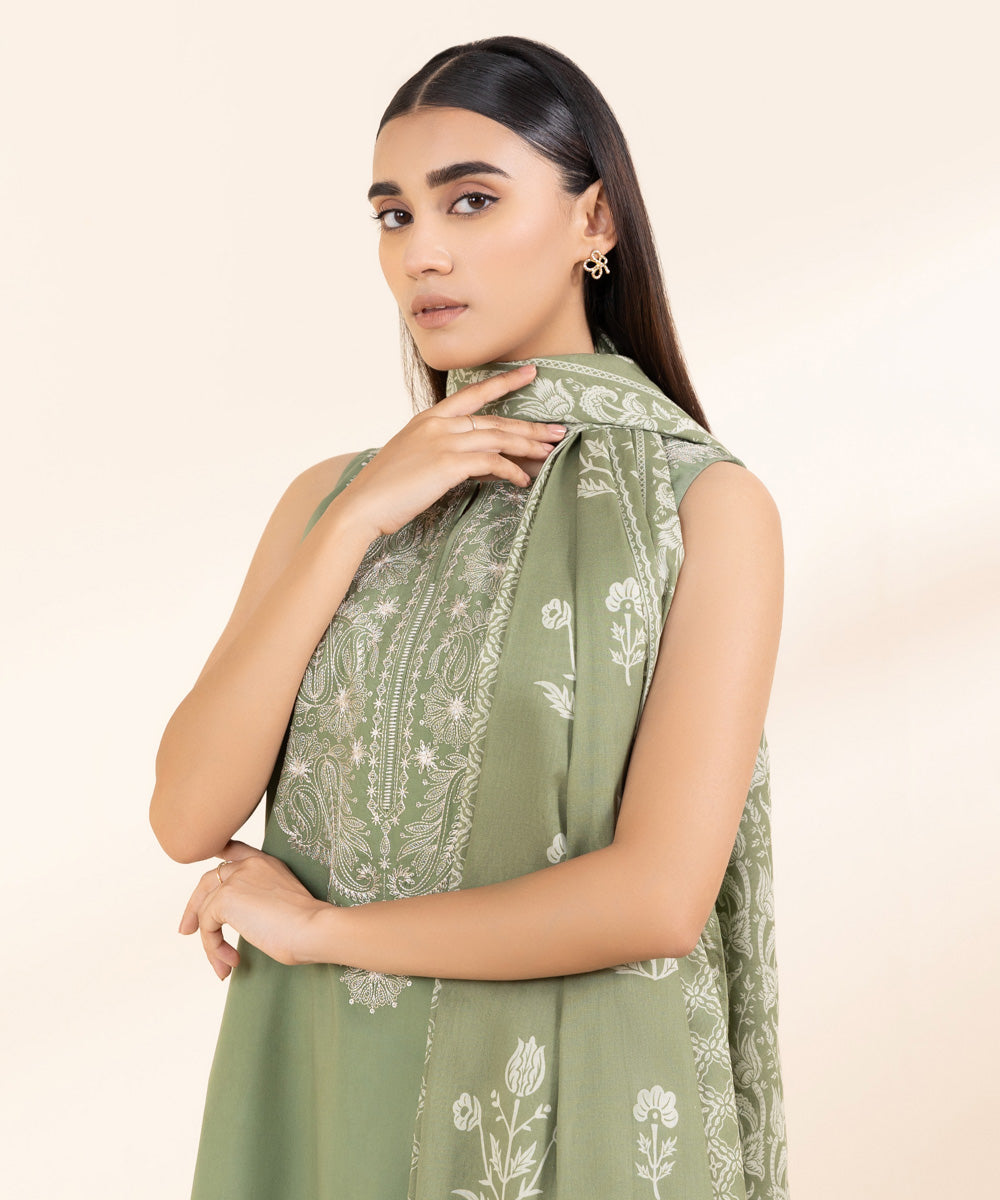 Women's Unstitched Cambric Green Embroidered 3 Piece Suit