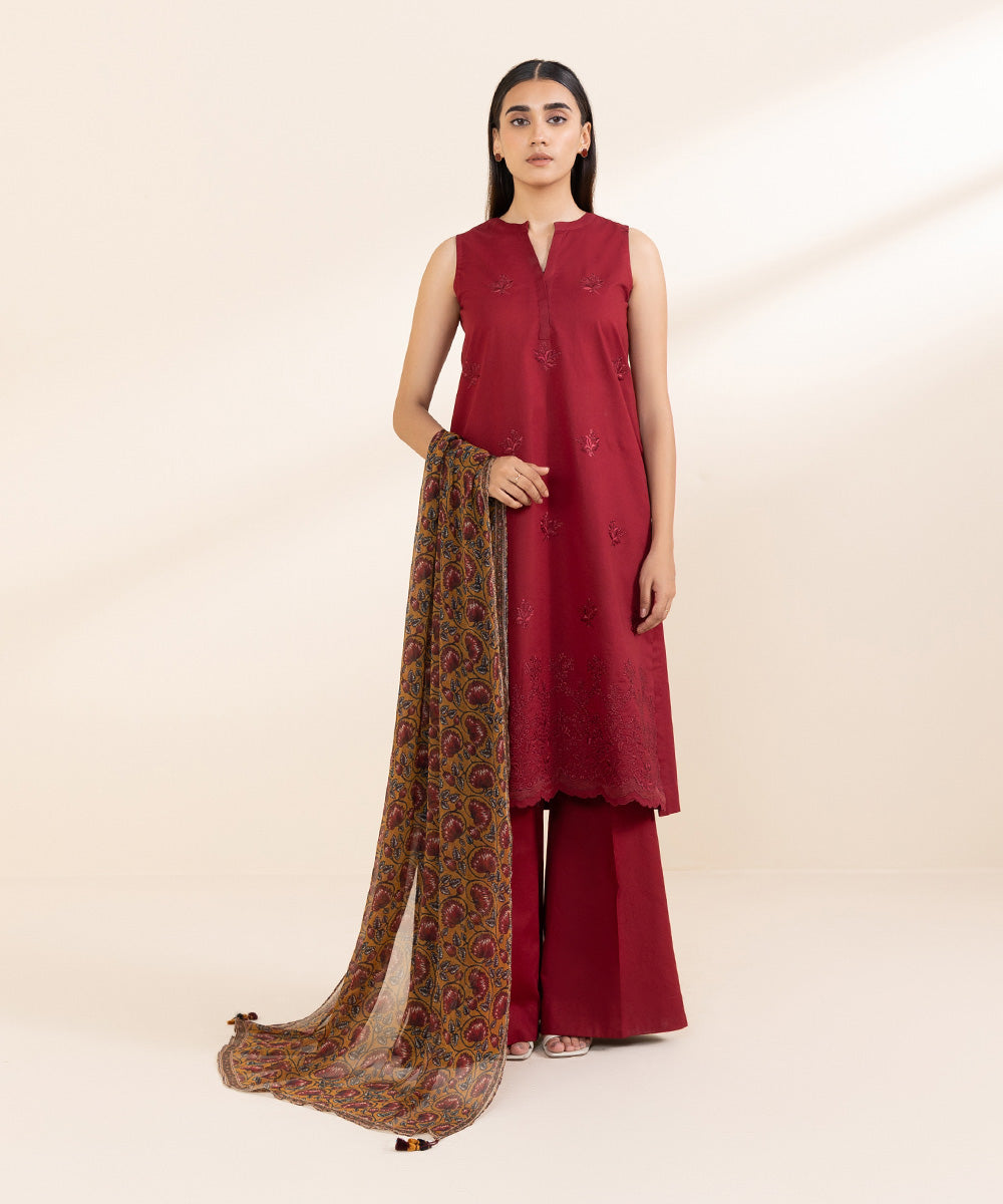 Women's Unstitched Lawn Red Embroidered 3 Piece Suit