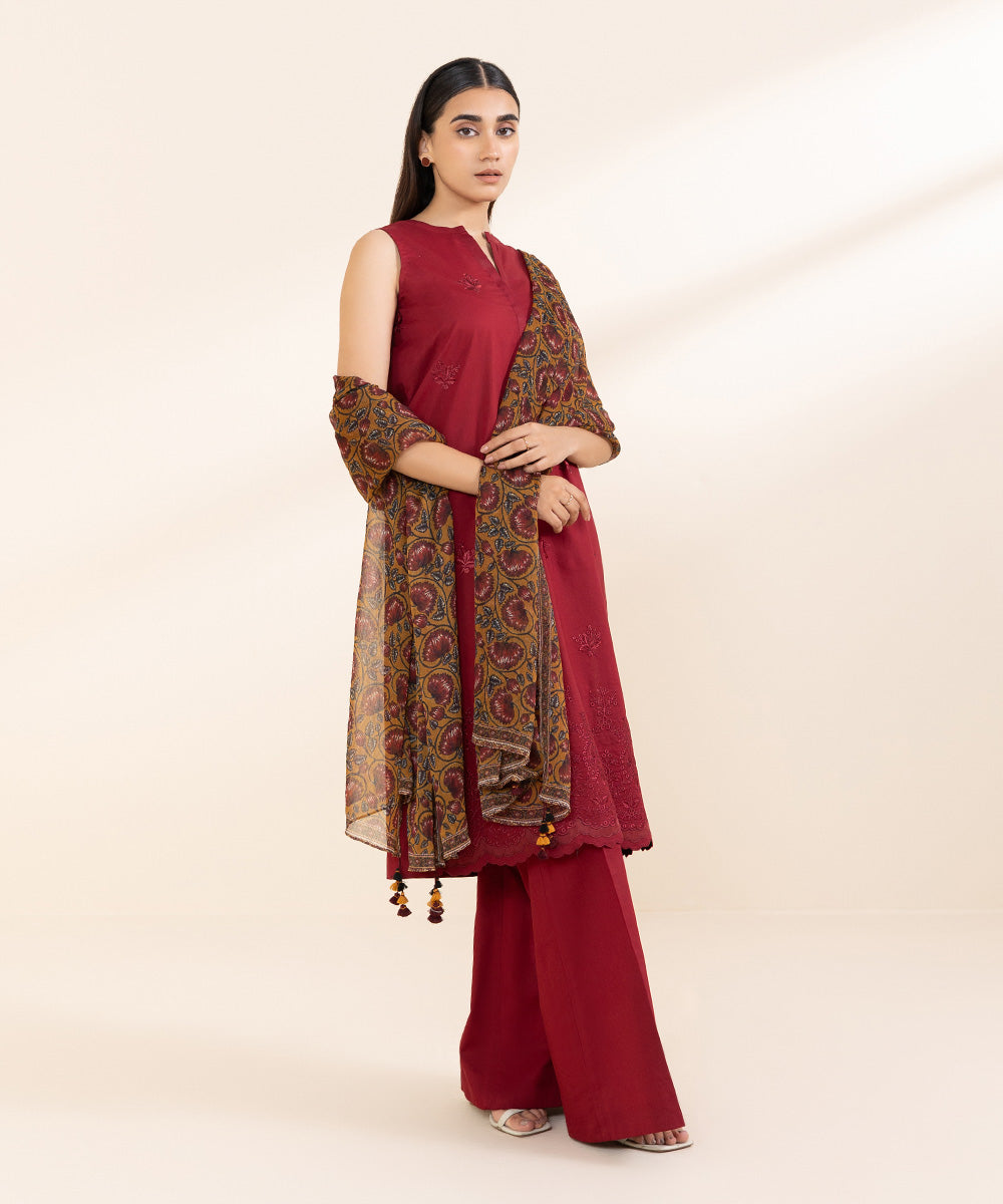 Women's Unstitched Lawn Red Embroidered 3 Piece Suit