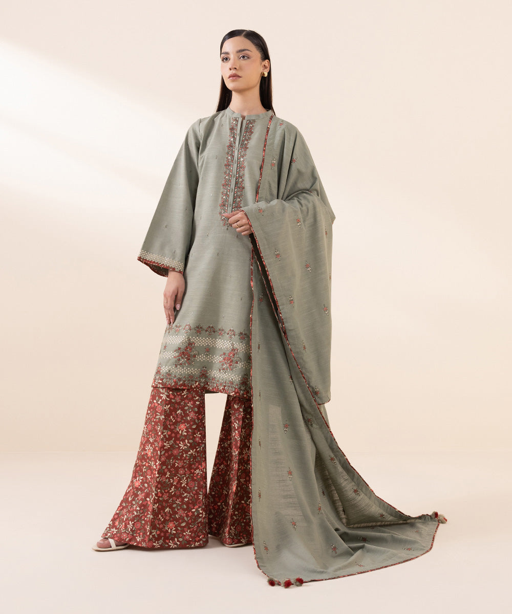 Women's Unstitched Khaddar Grey Embroidered 3 Piece Suit