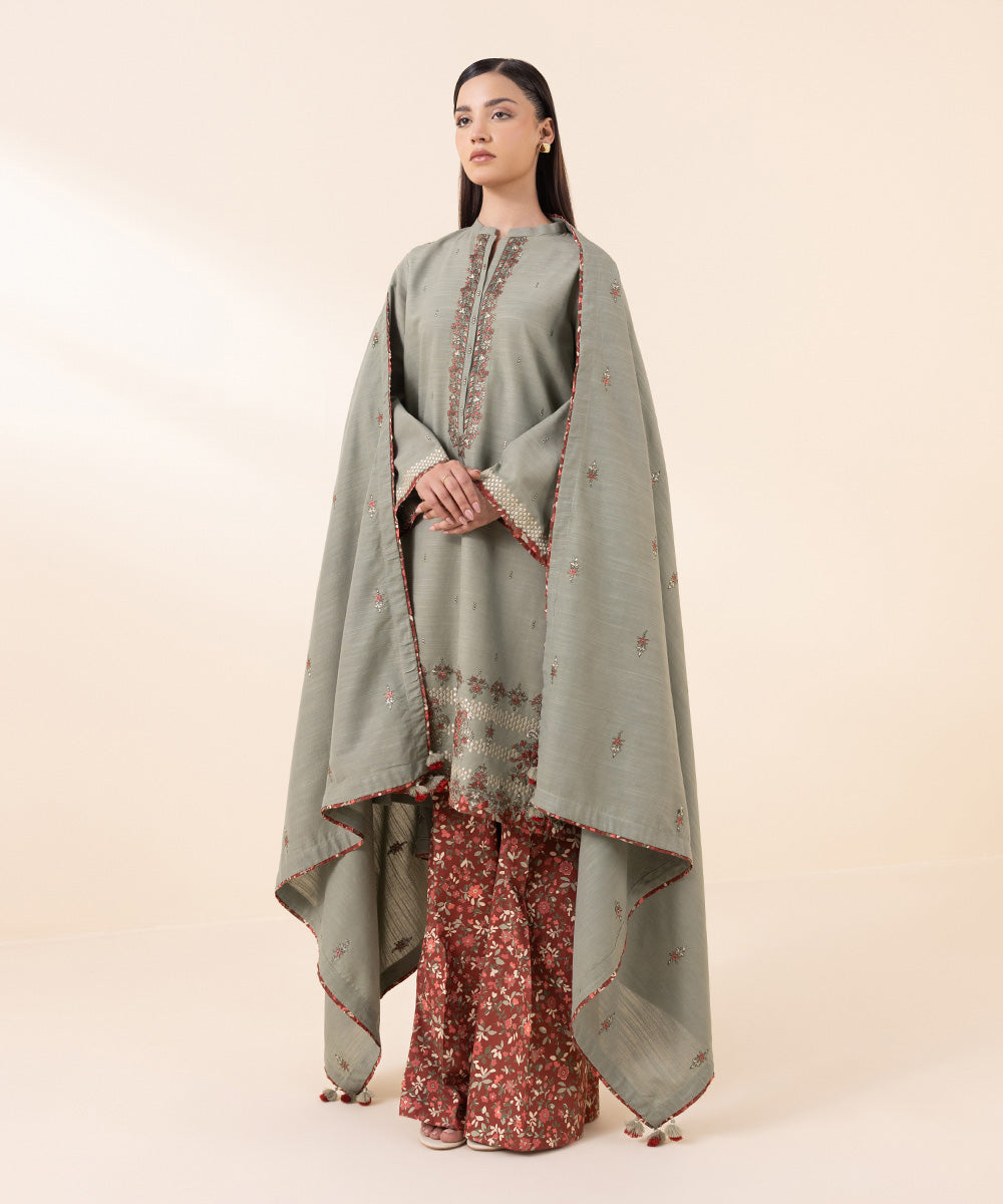 Women's Unstitched Khaddar Grey Embroidered 3 Piece Suit