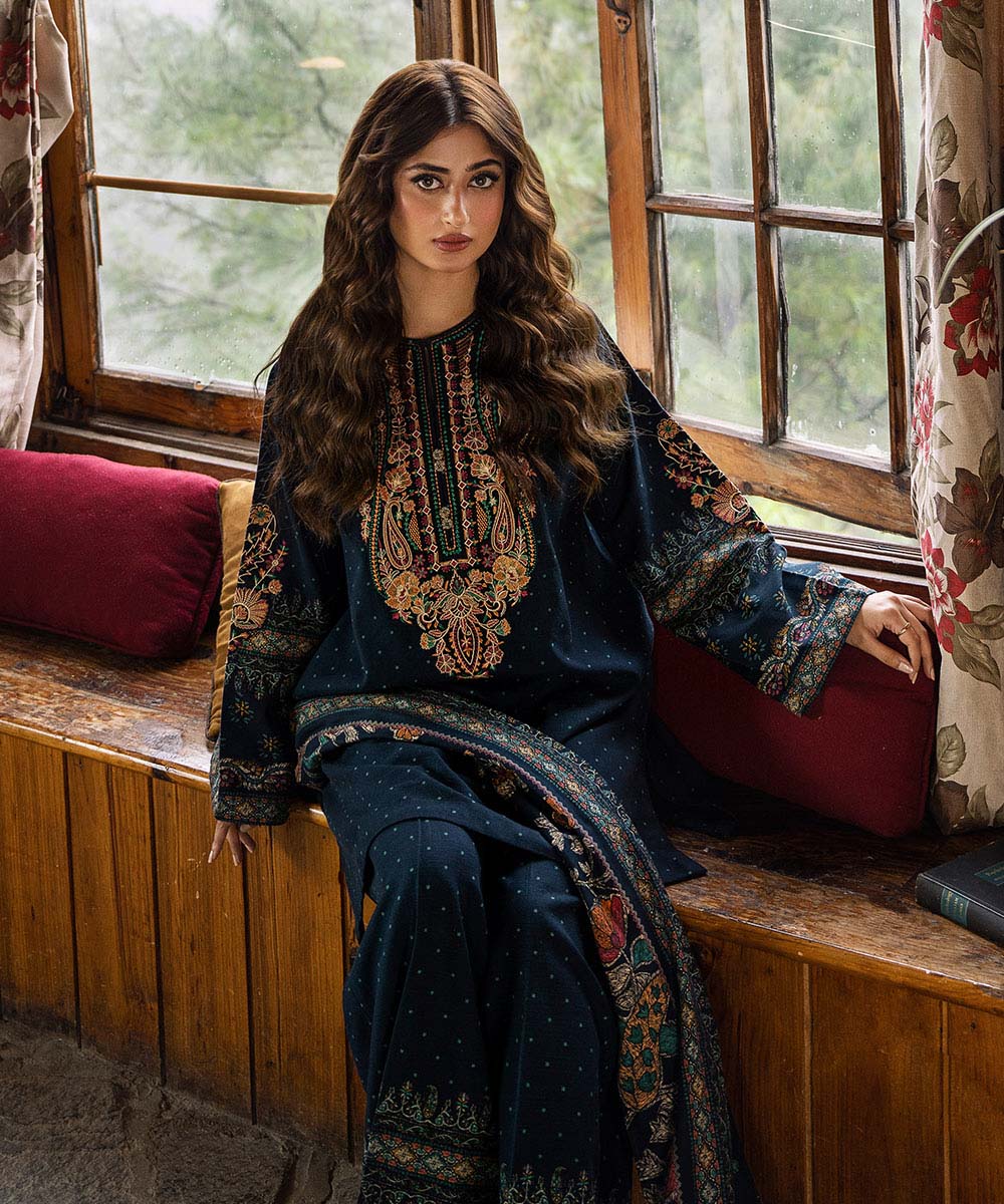 Women's Unstitched Khaddar Blue Embroidered 3 Piece Suit