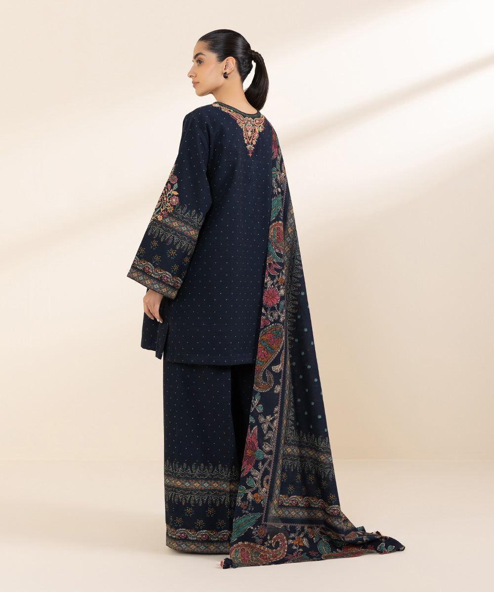 Women's Unstitched Khaddar Blue Embroidered 3 Piece Suit