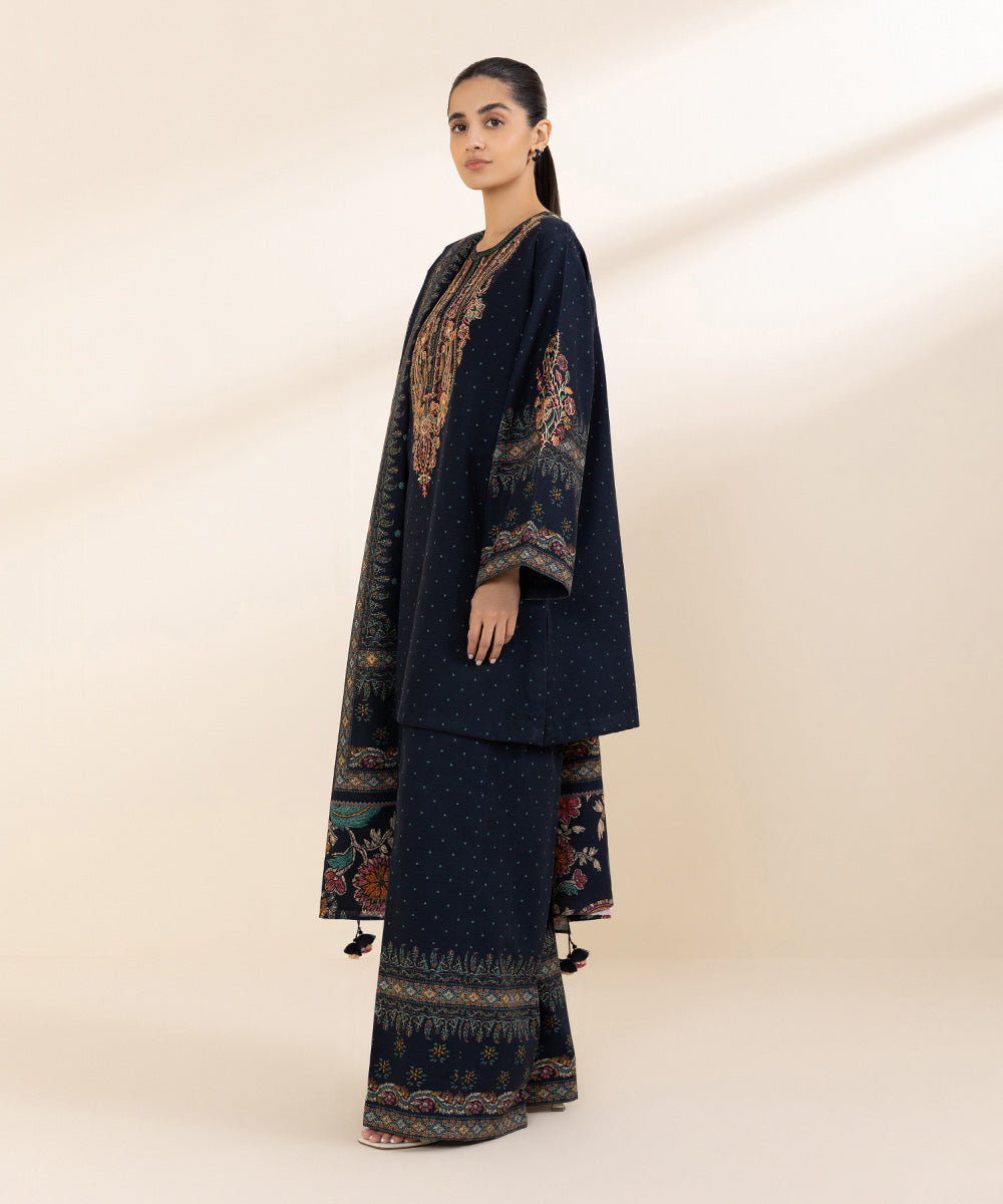 Women's Unstitched Khaddar Blue Embroidered 3 Piece Suit