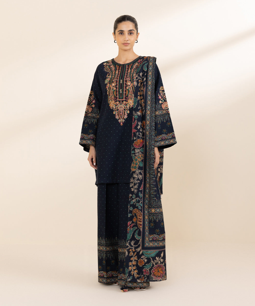 Women's Unstitched Khaddar Blue Embroidered 3 Piece Suit