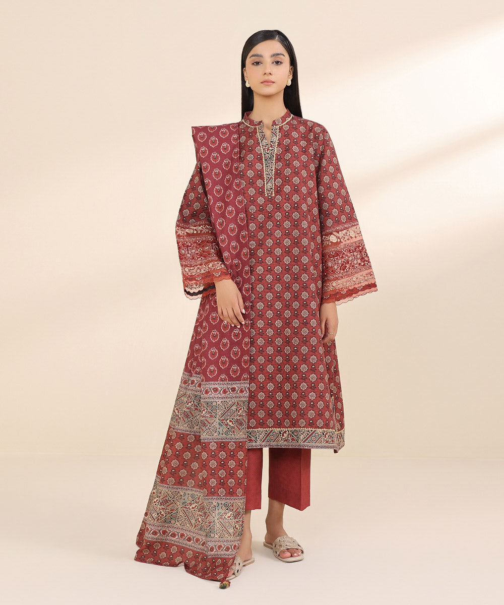 Women's Unstitched Khaddar Red Embroidered 3 Piece Suit