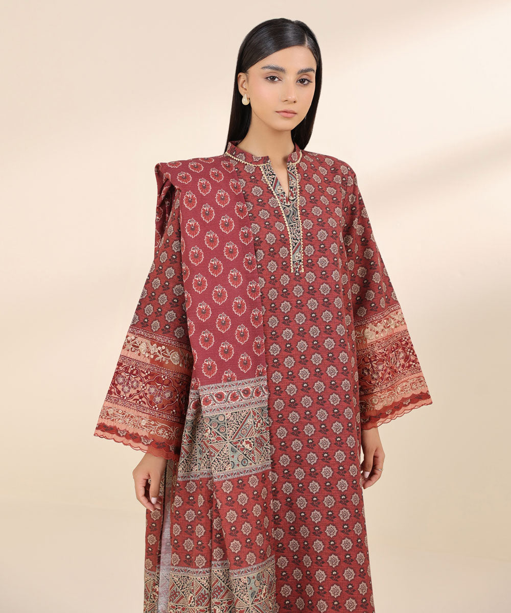 Women's Unstitched Khaddar Red Embroidered 3 Piece Suit