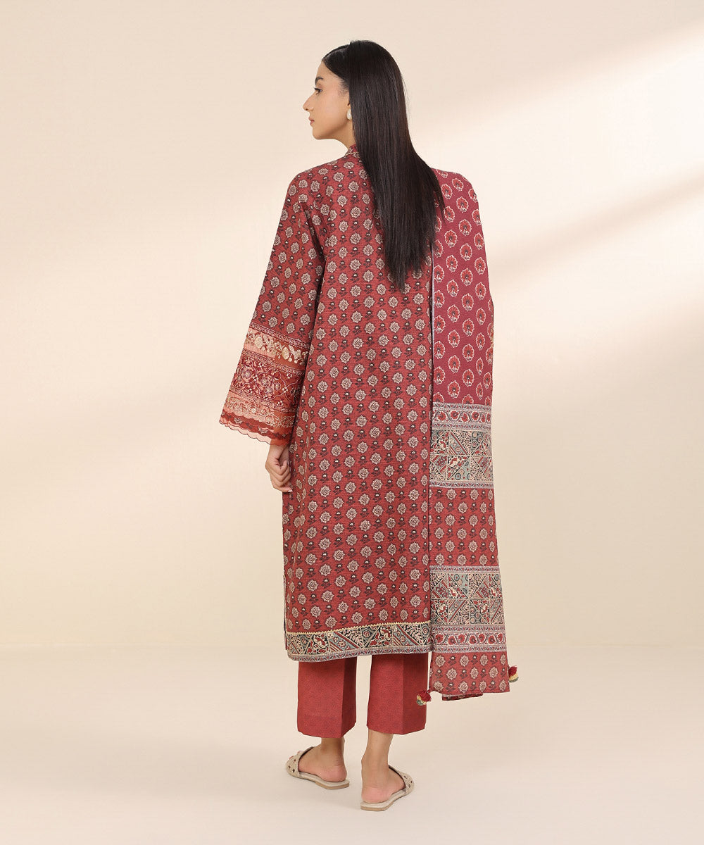 Women's Unstitched Khaddar Red Embroidered 3 Piece Suit