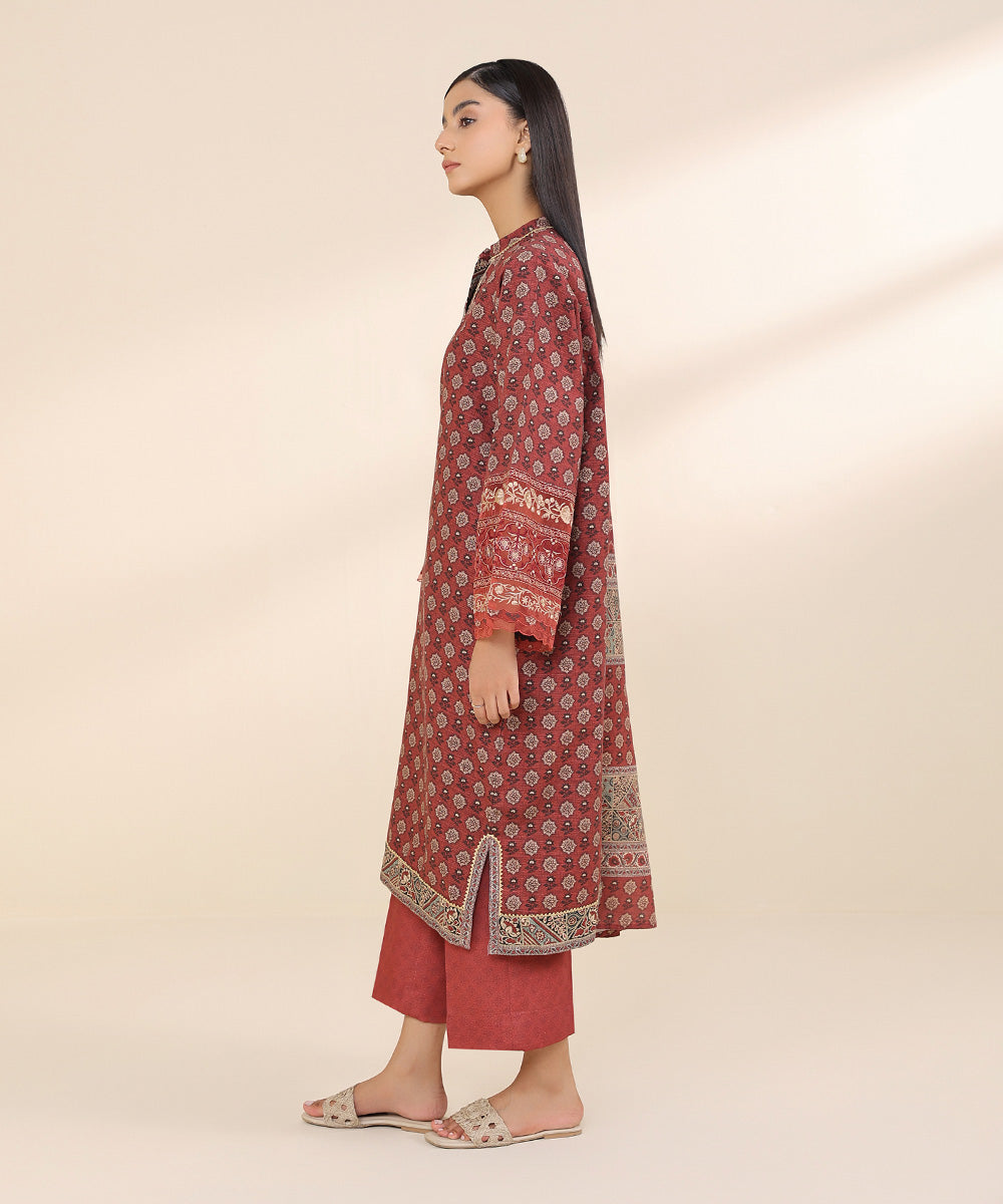 Women's Unstitched Khaddar Red Embroidered 3 Piece Suit