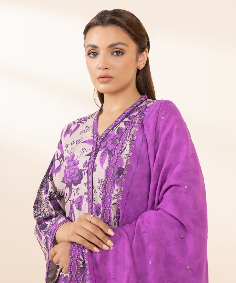 Women's Unstitched Arabic Lawn Embroidered Purple 3 Piece Suit