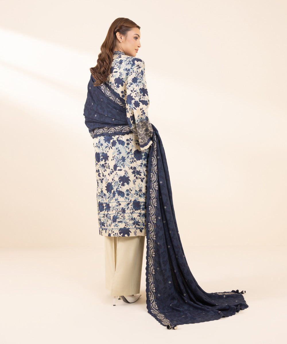 Women's Unstitched Arabic Lawn Embroidered Blue 3 Piece Suit