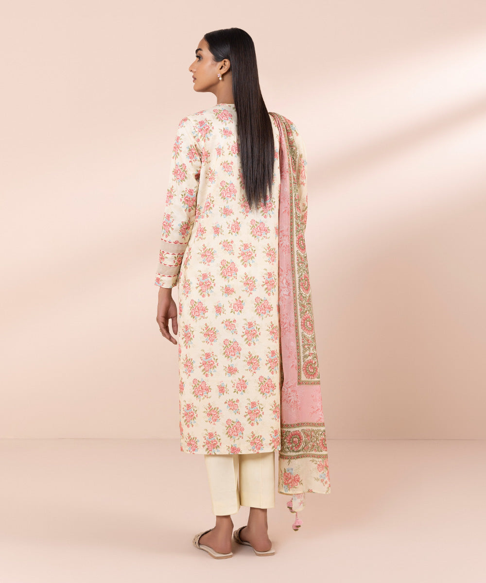 Women's Unstitched Lawn Embroidered Off White 3 Piece Suit