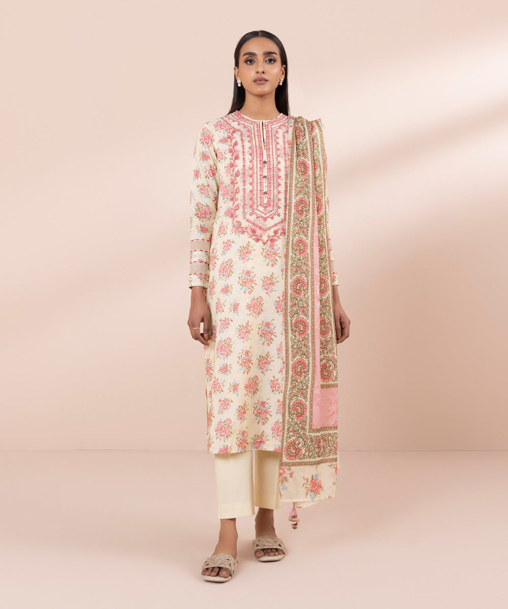 Women's Unstitched Lawn Embroidered Off White 3 Piece Suit