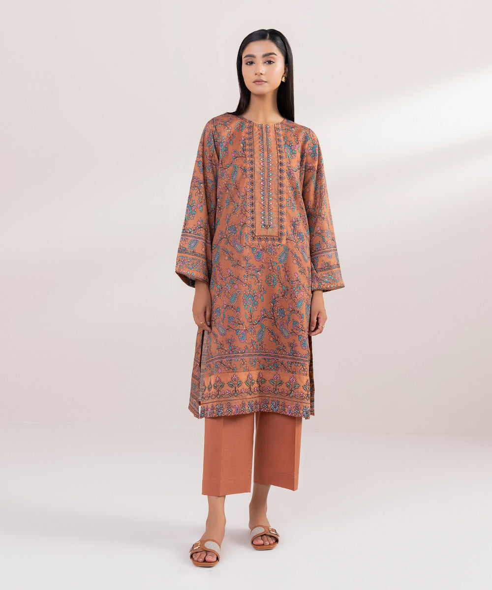 Women's Pret Lawn Printed Embroidered Brown A-Line Shirt