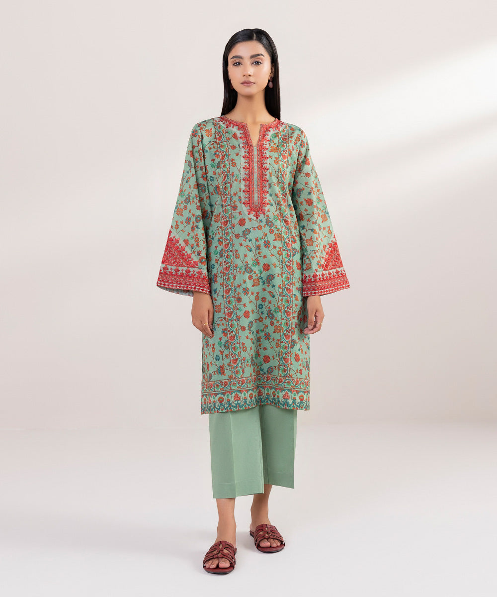 Women's Pret Lawn Printed Embroidered Green A-Line Shirt