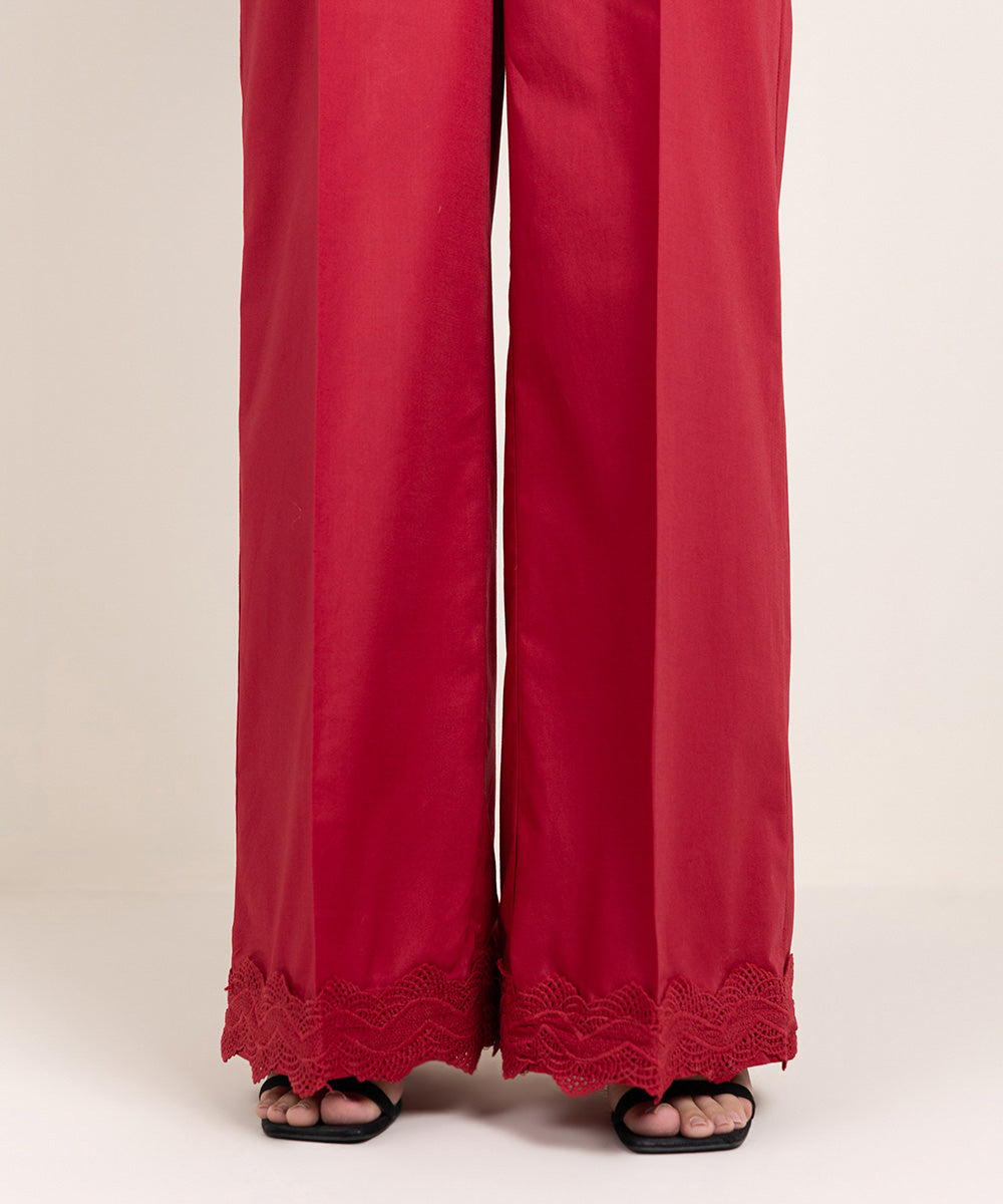 Women's Pret Cambric Solid Red Flared Pants