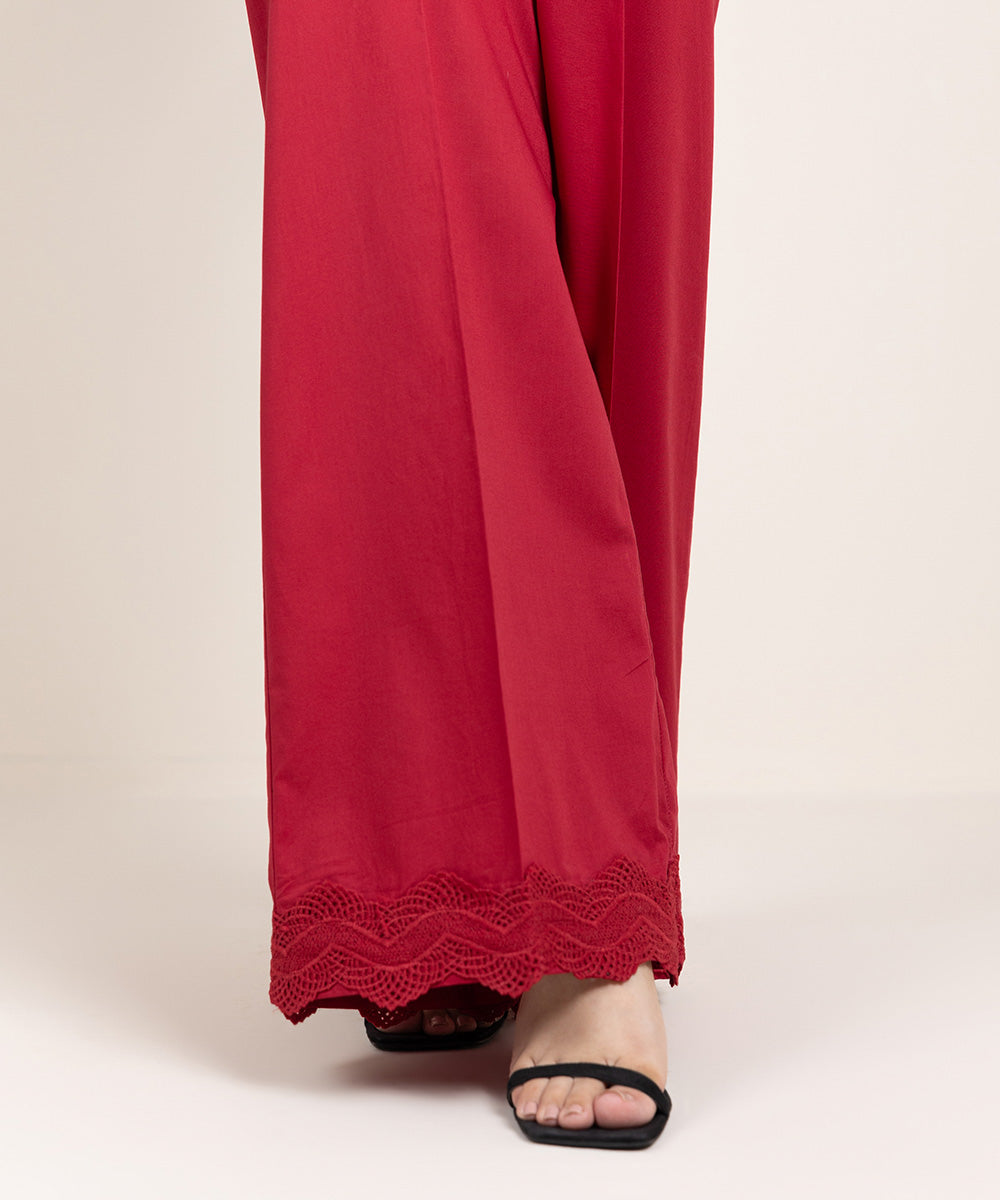 Women's Pret Cambric Solid Red Flared Pants