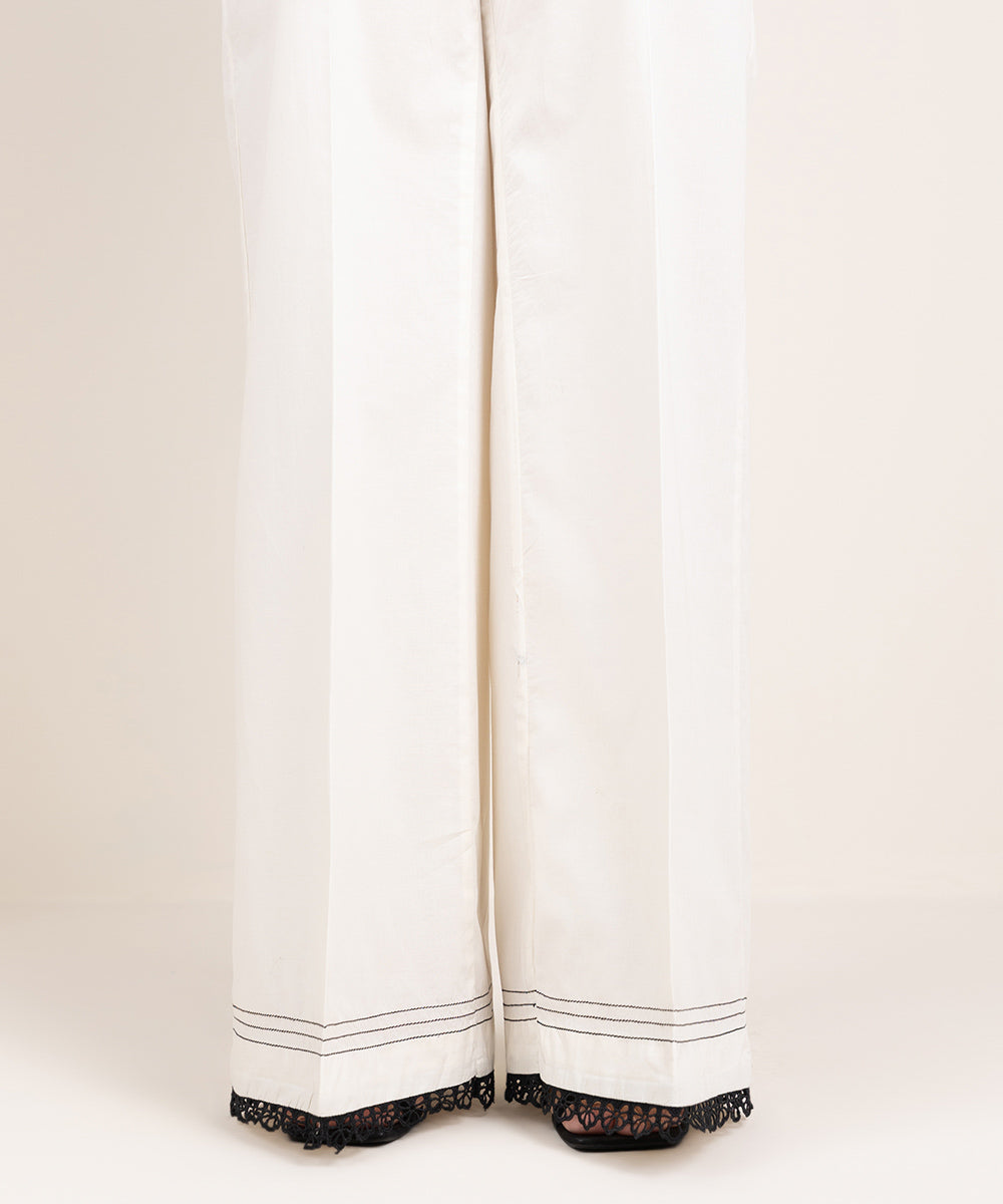 Women's Pret Cambric Solid Off White Flared Pants