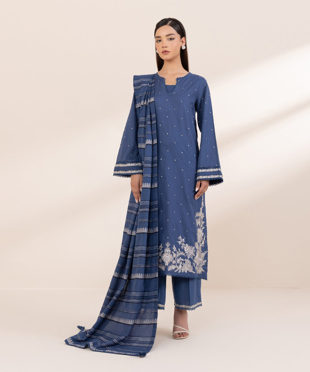 Extra Weft Jacquard Blue Solid Dupatta