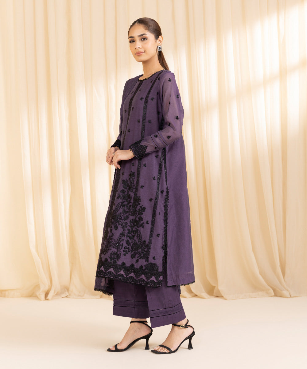 Women's Unstitched Blended Muslin Purple 3 Piece Suit